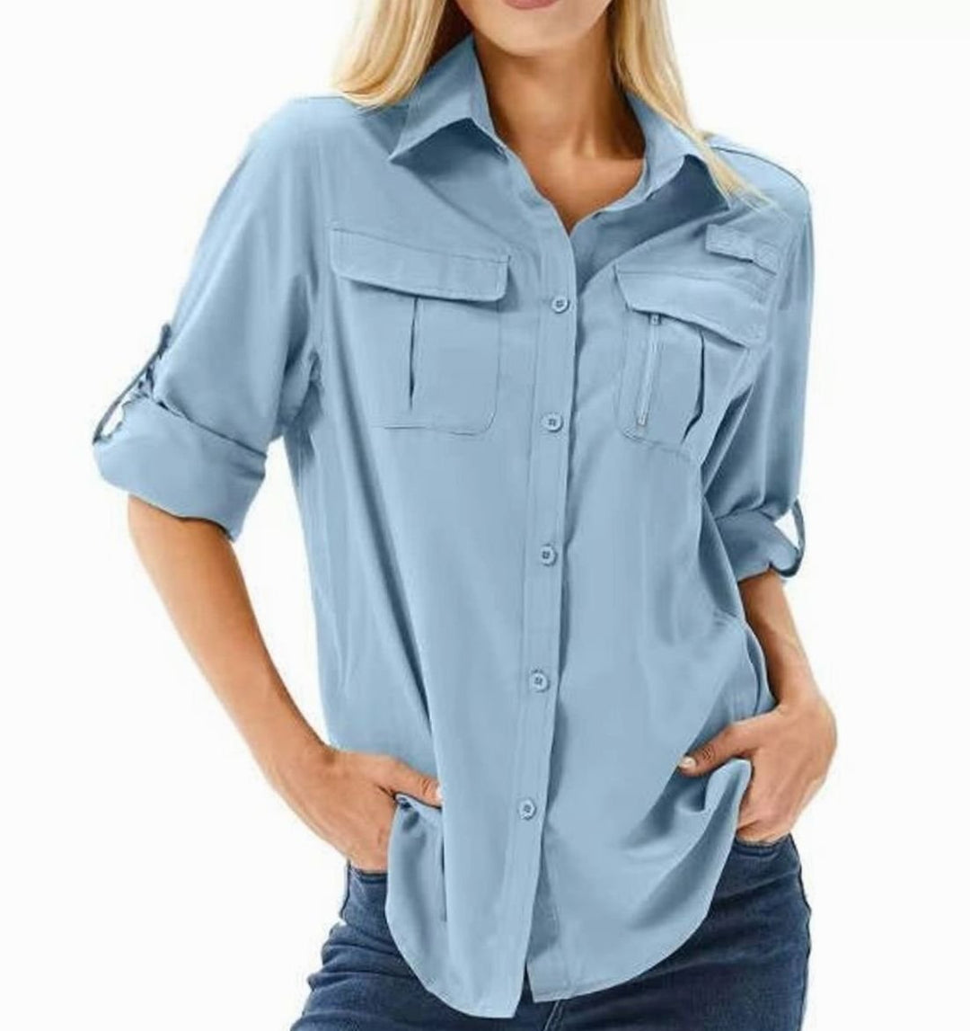 Women's UPF 50 Roll-Up Sleeve Safari Hiking Shirt - Sky Blue