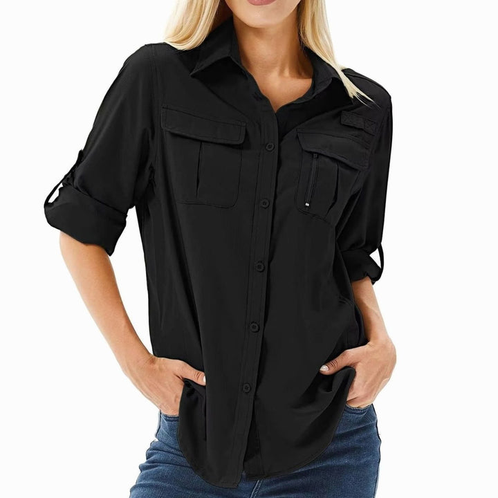 Women's UPF 50 Roll-Up Sleeve Safari Hiking Shirt - Black