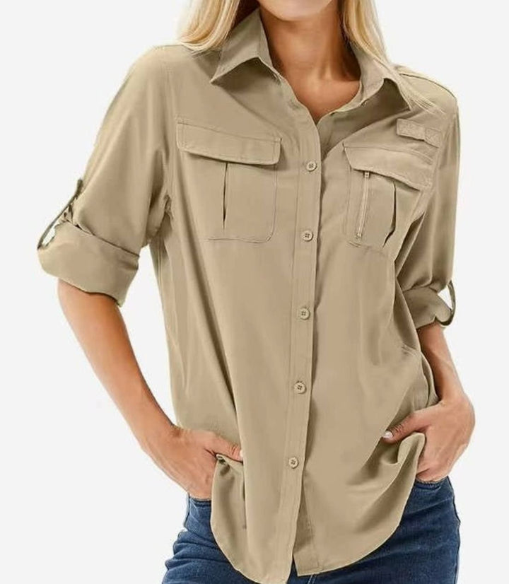 Women's UPF 50 Roll-Up Sleeve Safari Hiking Shirt - Khaki Yellow