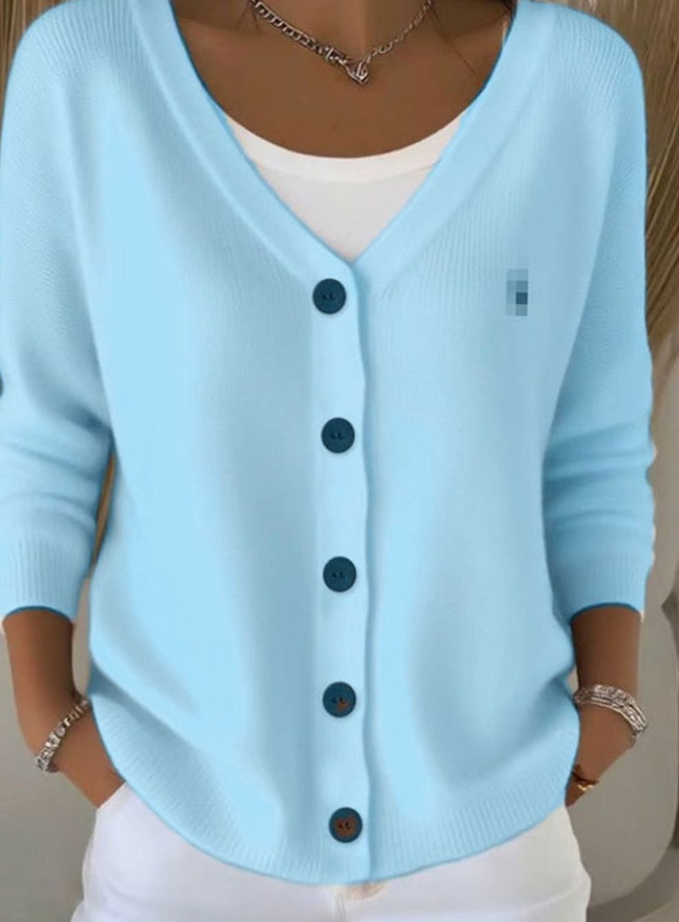 Women's V-Neck Button-Front Long Sleeve Knit Cardigan - Blue