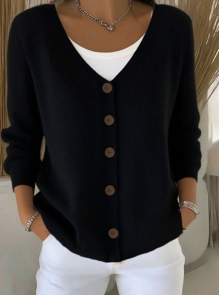 Women's V-Neck Button-Front Long Sleeve Knit Cardigan - Black