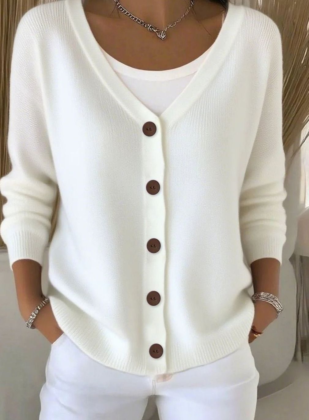 Women's V-Neck Button-Front Long Sleeve Knit Cardigan - White