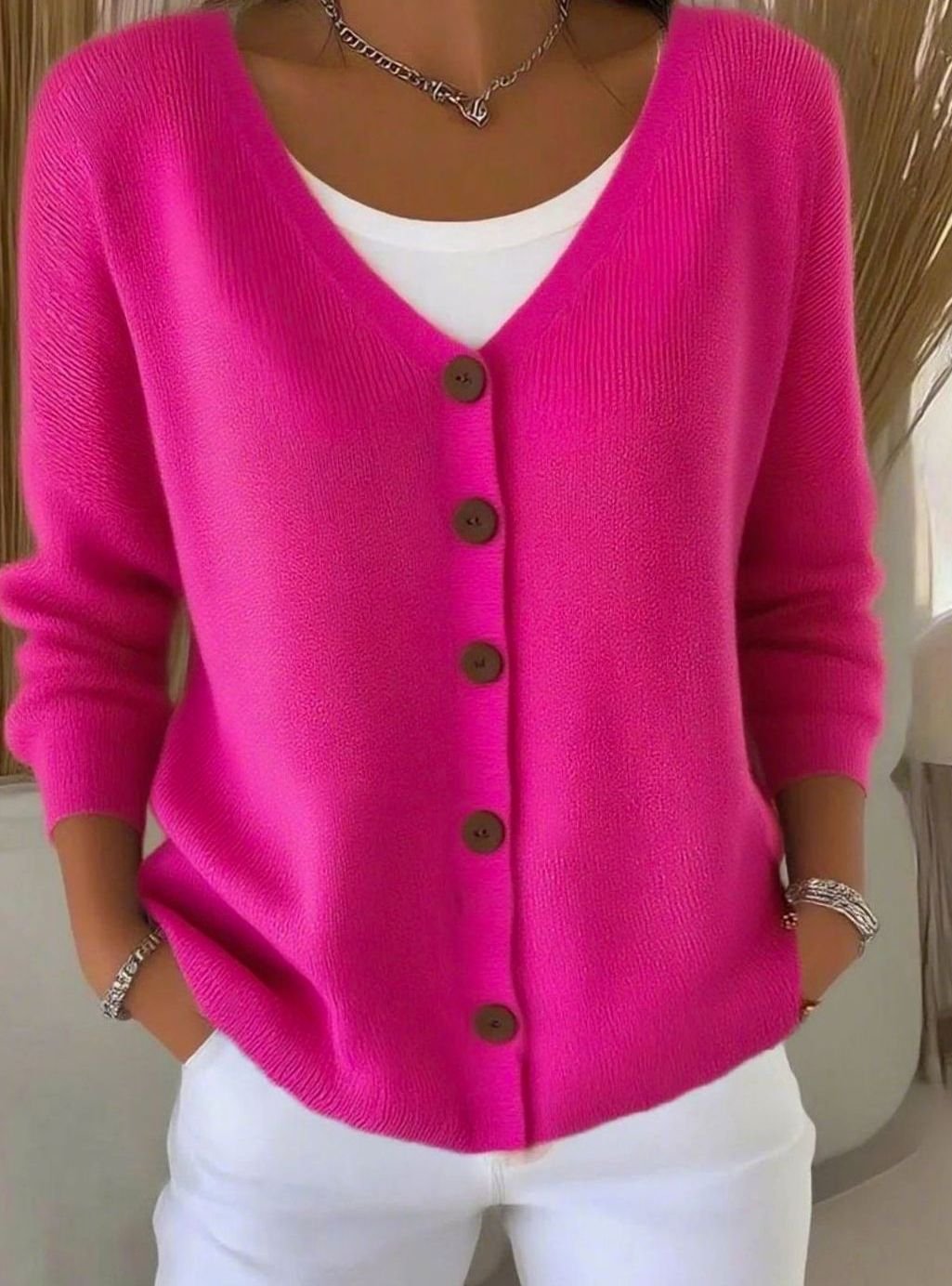 Women's V-Neck Button-Front Long Sleeve Knit Cardigan - Rose Red