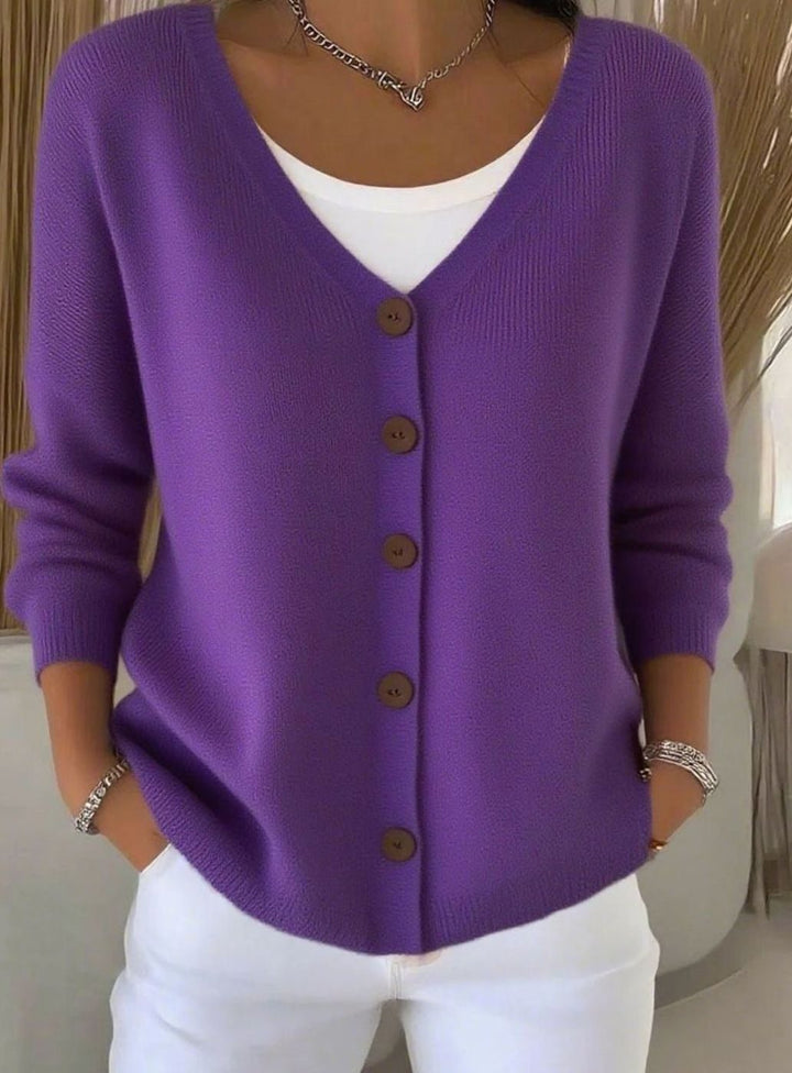 Women's V-Neck Button-Front Long Sleeve Knit Cardigan - Purple