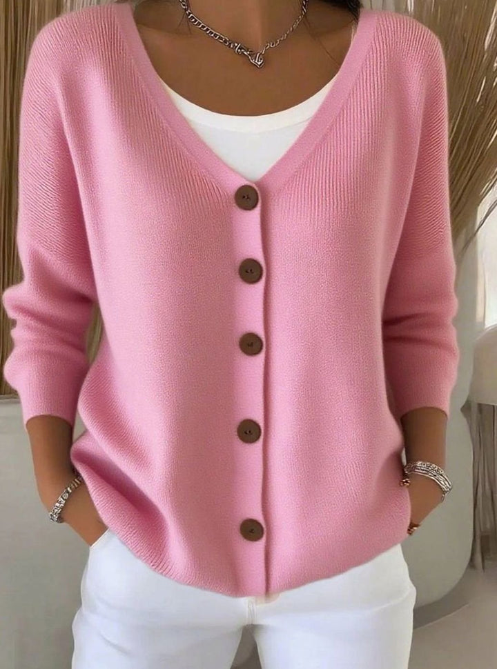 Women's V-Neck Button-Front Long Sleeve Knit Cardigan - Pink
