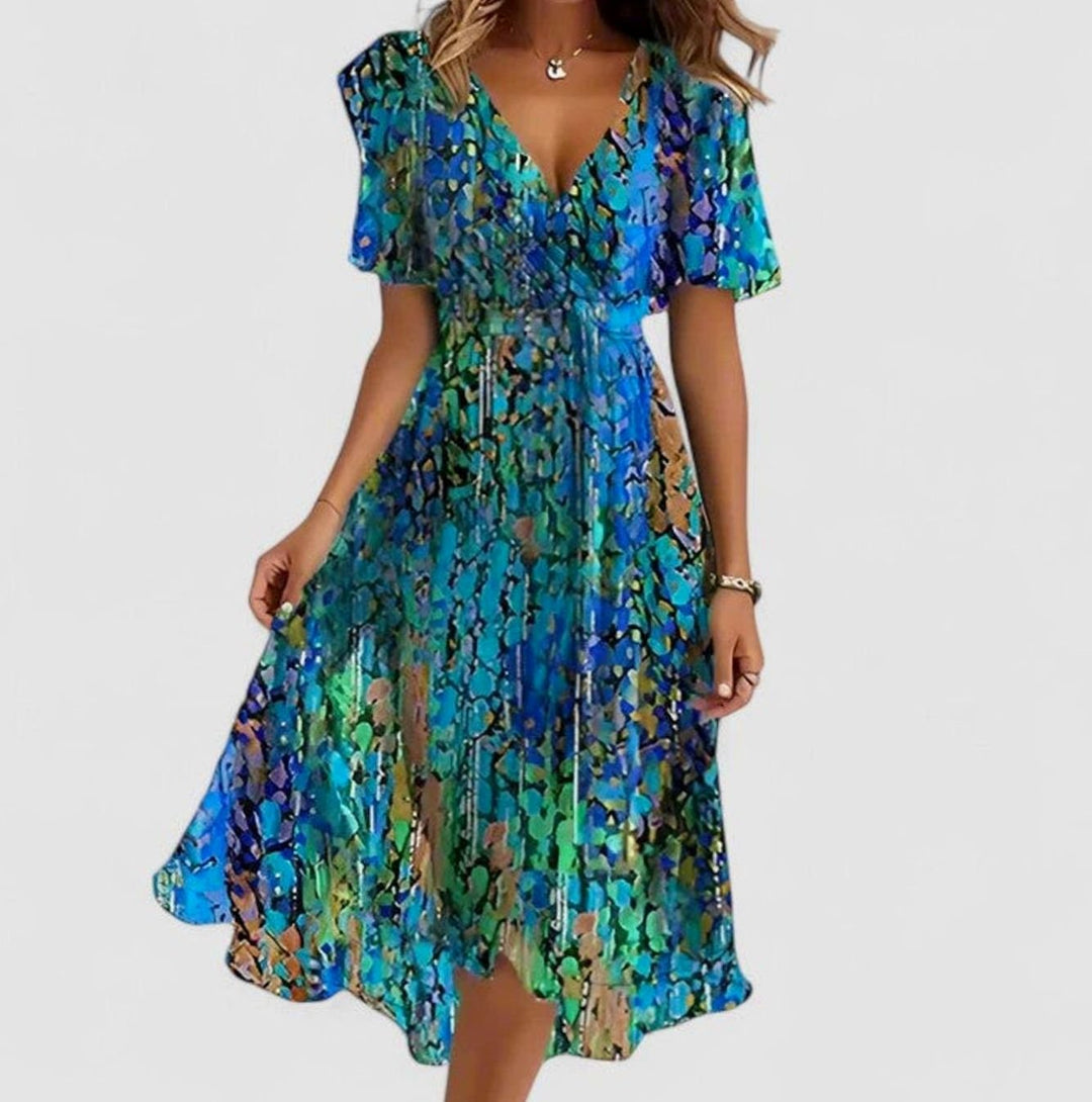 Women's V-Neck Floral Flutter-Sleeve High-Low Midi Dress - Blue/Green