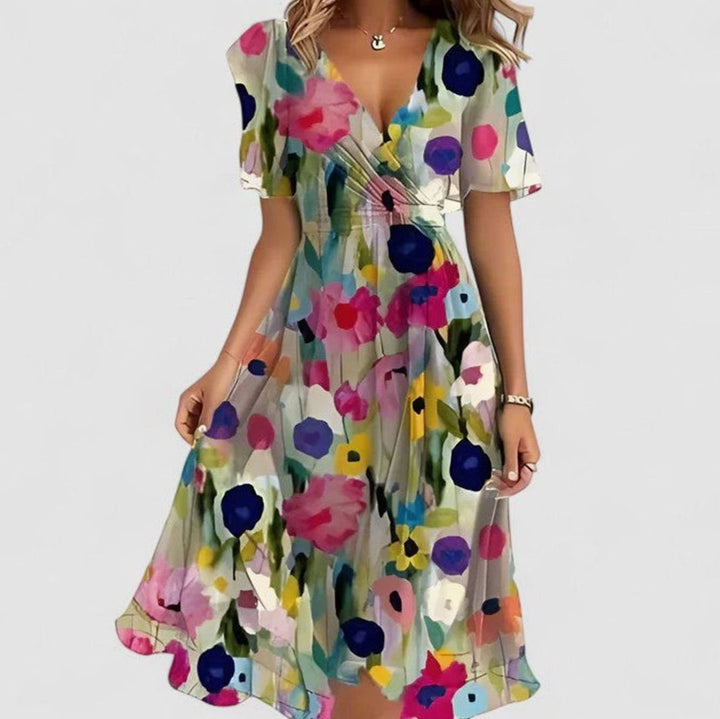 Women's V-Neck Floral Flutter-Sleeve High-Low Midi Dress - Beige Floral