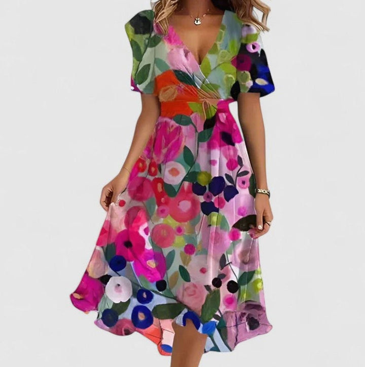 Women's V-Neck Floral Flutter-Sleeve High-Low Midi Dress - Multi Colour Floral