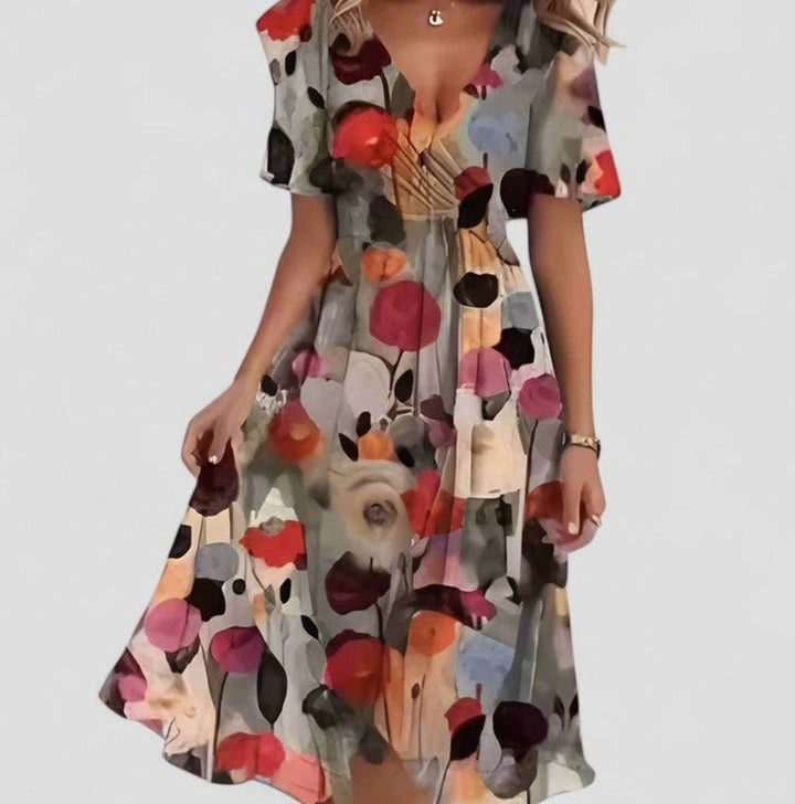 Women's V-Neck Floral Flutter-Sleeve High-Low Midi Dress - Brown Floral