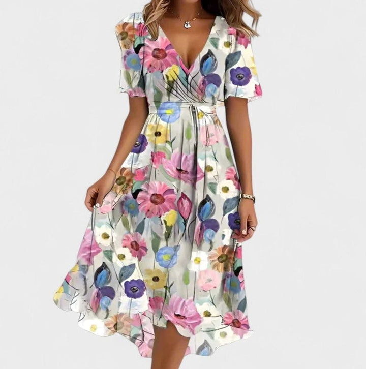 Women's V-Neck Floral Flutter-Sleeve High-Low Midi Dress - White Floral