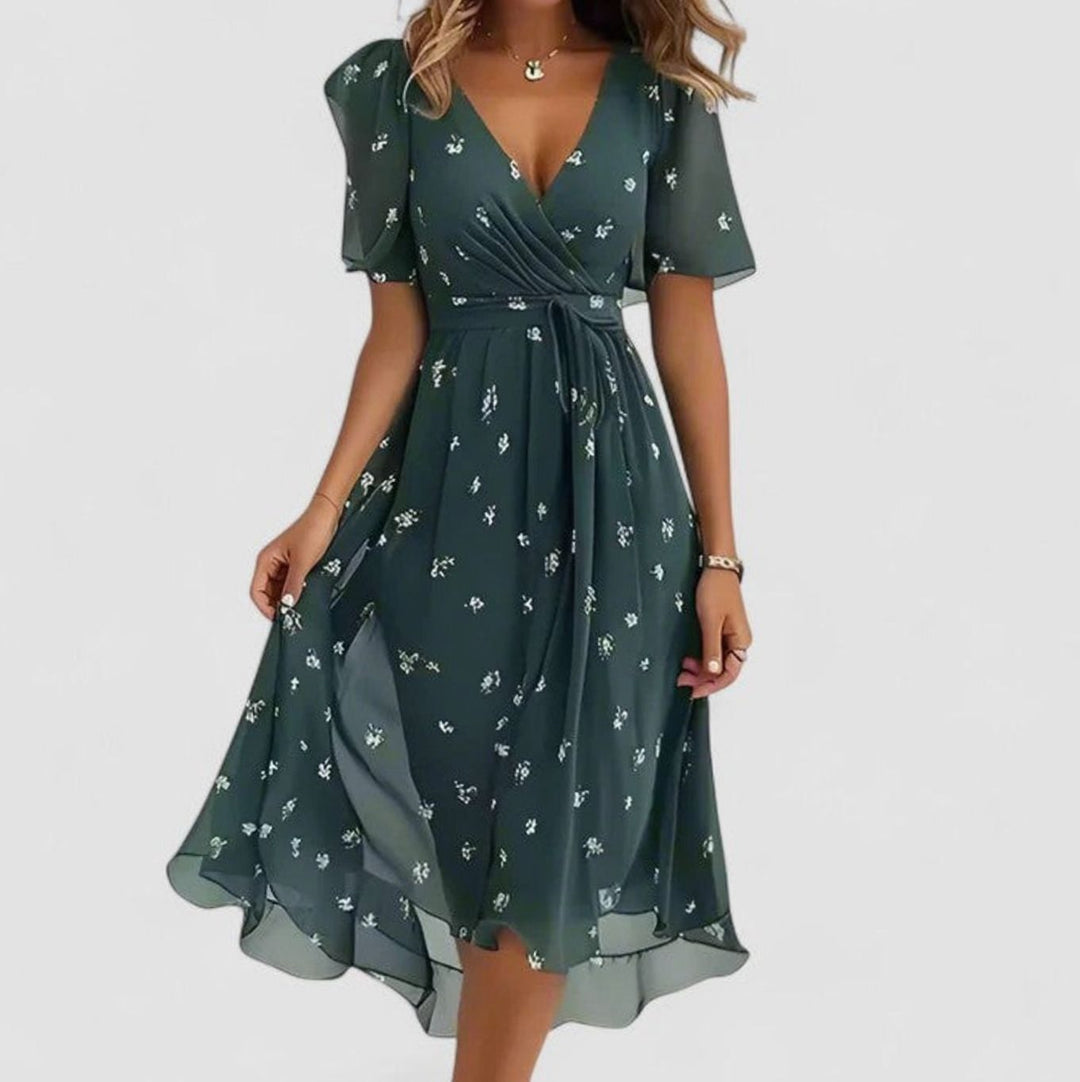 Women's V-Neck Floral Flutter-Sleeve High-Low Midi Dress - Green
