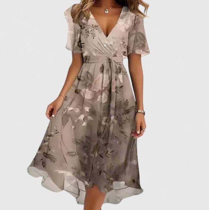 Women's V-Neck Floral Flutter-Sleeve High-Low Midi Dress - Light Brown