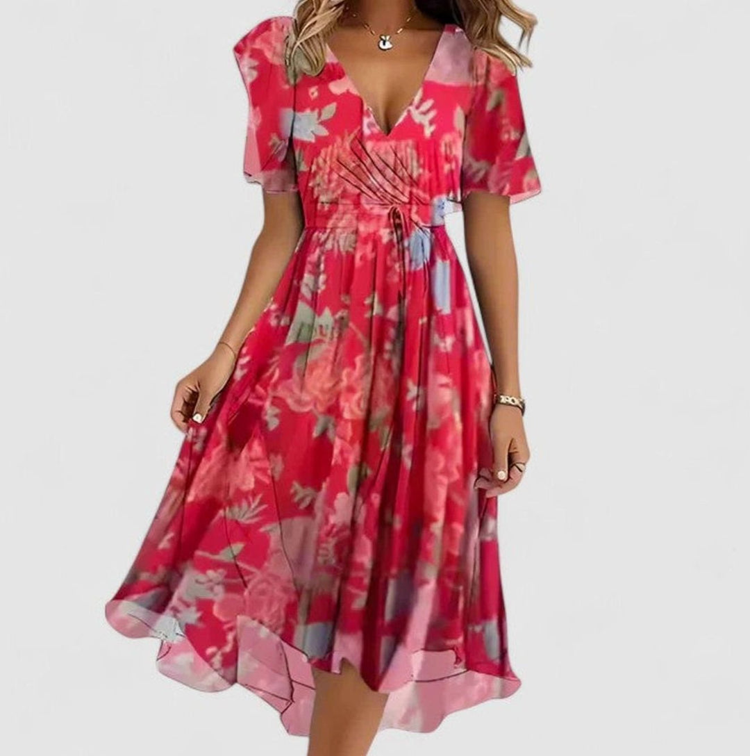 Women's V-Neck Floral Flutter-Sleeve High-Low Midi Dress - Red