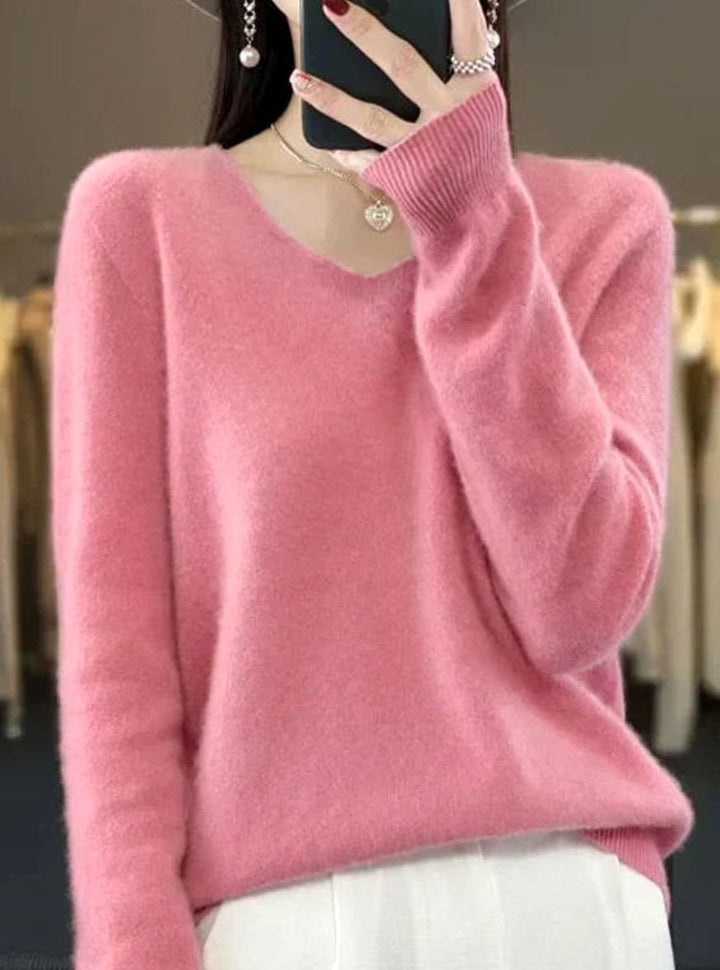 Women's V-Neck Long-Sleeve Soft Knitted Jumper - Pink