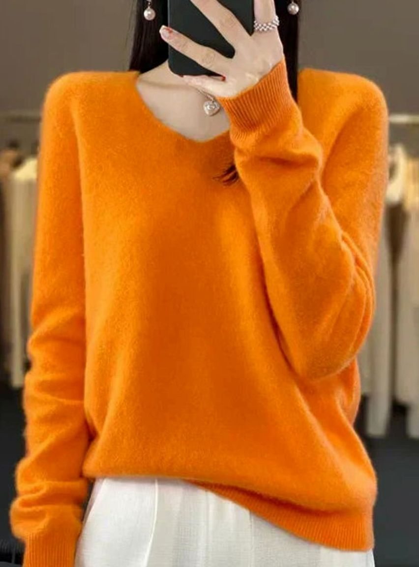 Women's V-Neck Long-Sleeve Soft Knitted Jumper - Orange