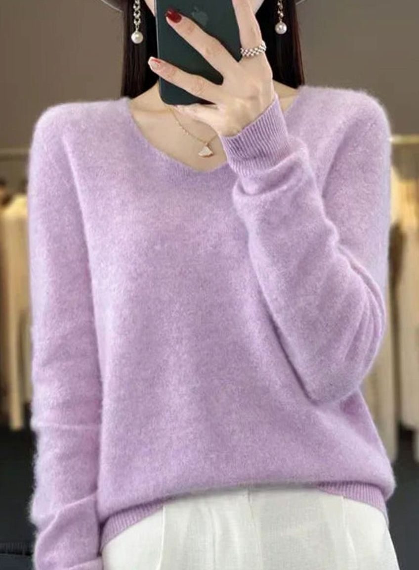 Women's V-Neck Long-Sleeve Soft Knitted Jumper - Purple