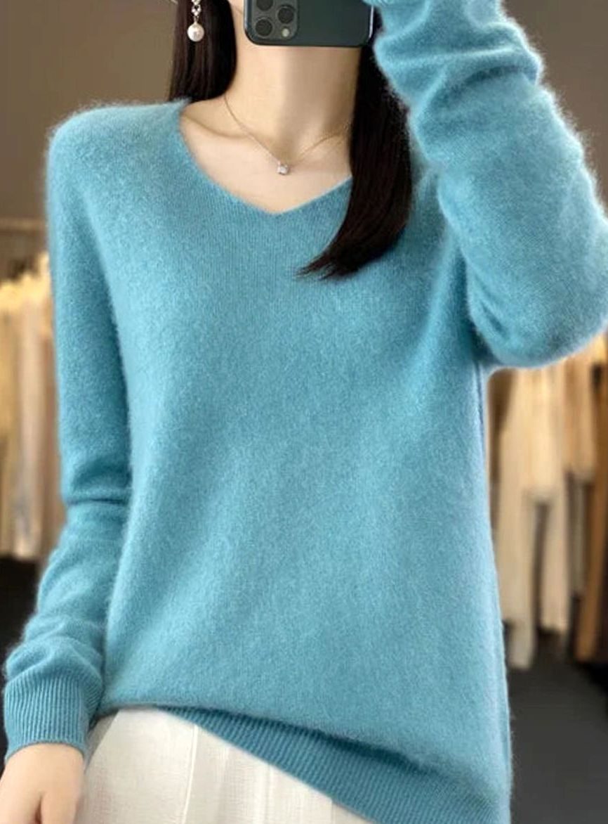 Women's V-Neck Long-Sleeve Soft Knitted Jumper - Turquoise
