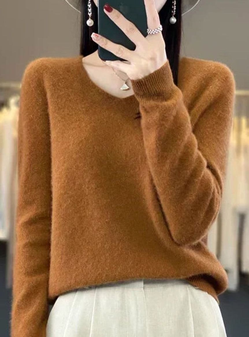 Women's V-Neck Long-Sleeve Soft Knitted Jumper - Golden Camel