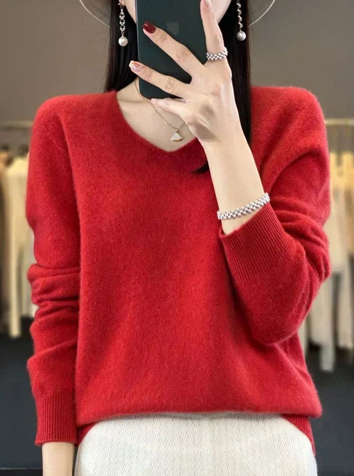 Women's V-Neck Long-Sleeve Soft Knitted Jumper - Red