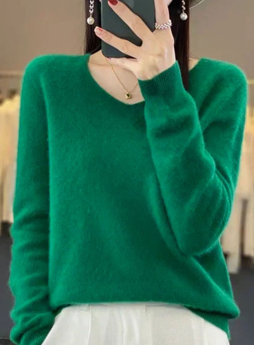 Women's V-Neck Long-Sleeve Soft Knitted Jumper - Green