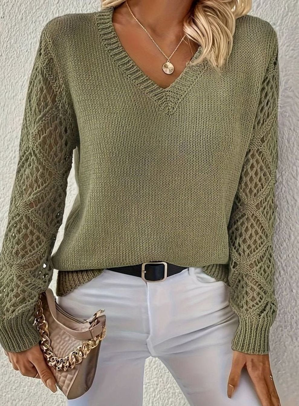 Women's V-Neck Open-Weave Sleeve Knit Pullover Jumper - Olive Green