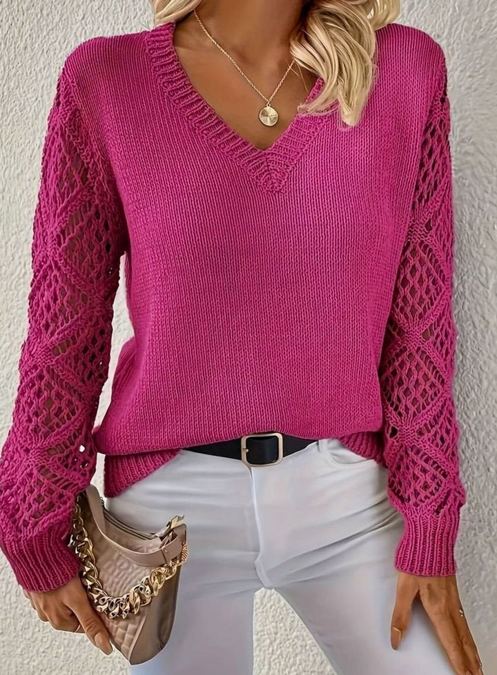 Women's V-Neck Open-Weave Sleeve Knit Pullover Jumper - Purple