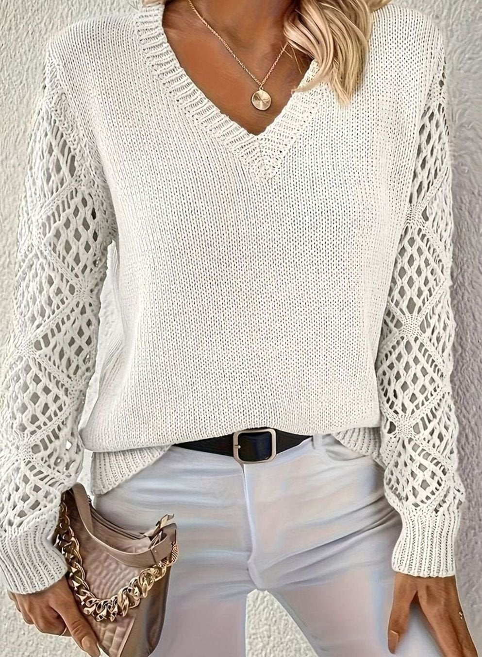 Women's V-Neck Open-Weave Sleeve Knit Pullover Jumper