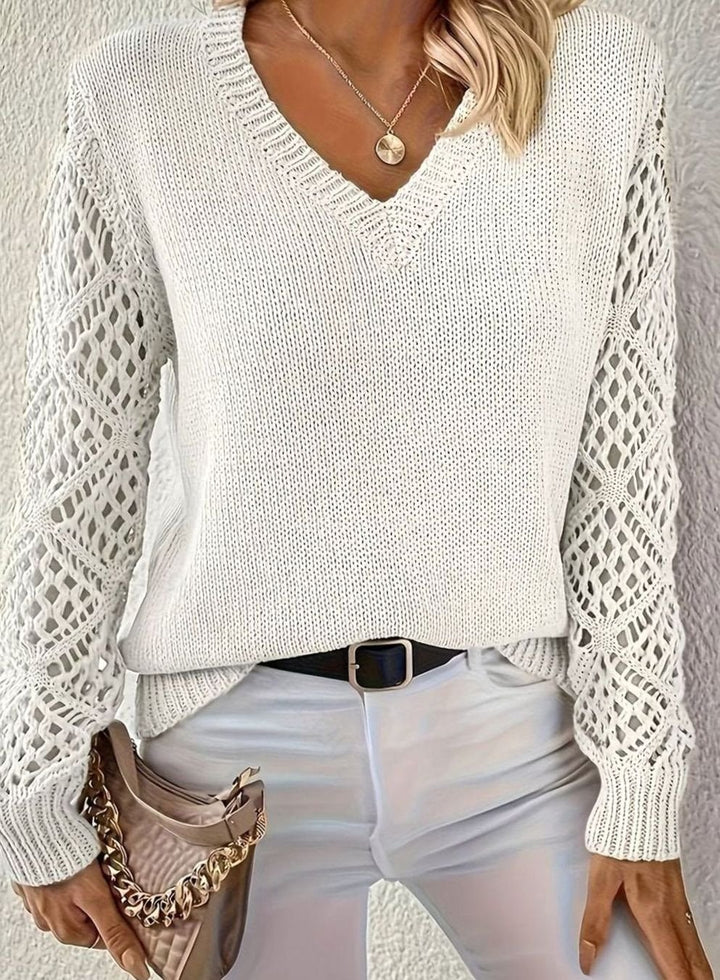 Women's V-Neck Open-Weave Sleeve Knit Pullover Jumper