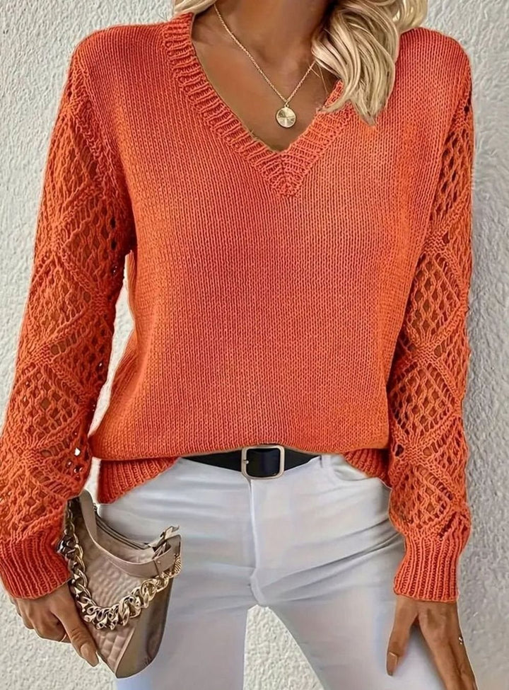 Women's V-Neck Open-Weave Sleeve Knit Pullover Jumper - Orange