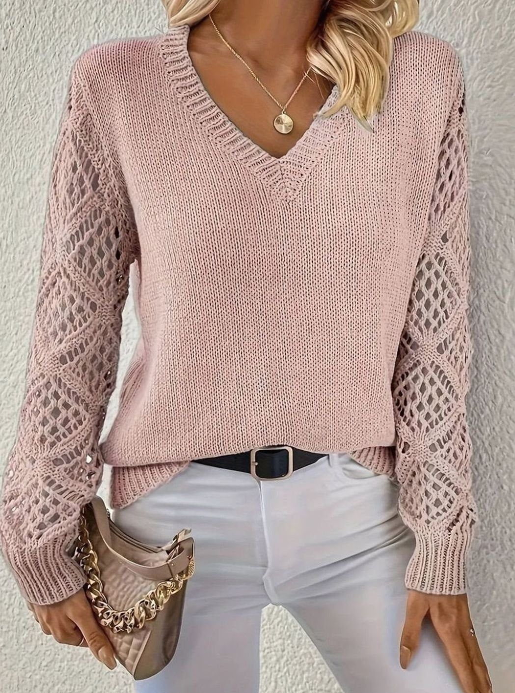 Women's V-Neck Open-Weave Sleeve Knit Pullover Jumper - Blue