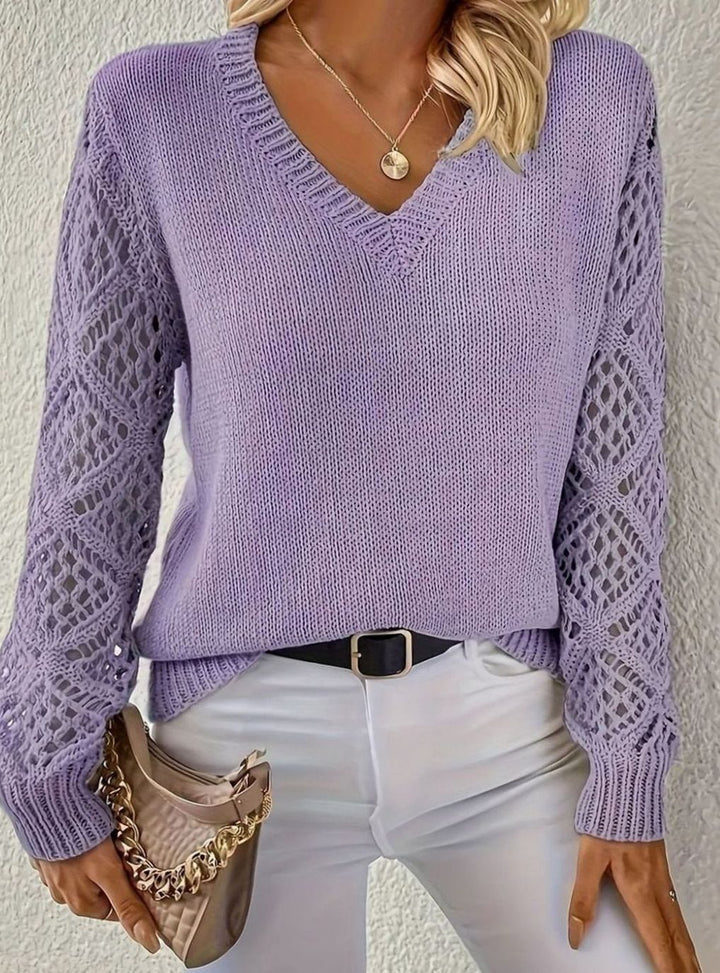 Women's V-Neck Open-Weave Sleeve Knit Pullover Jumper