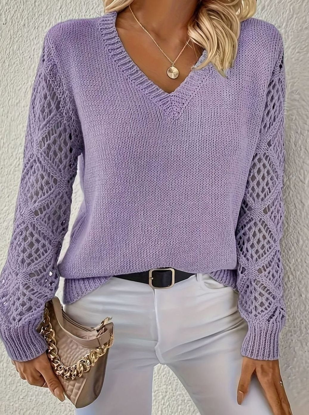 Women's V-Neck Openwork Sleeve Knitted Jumper - Purple