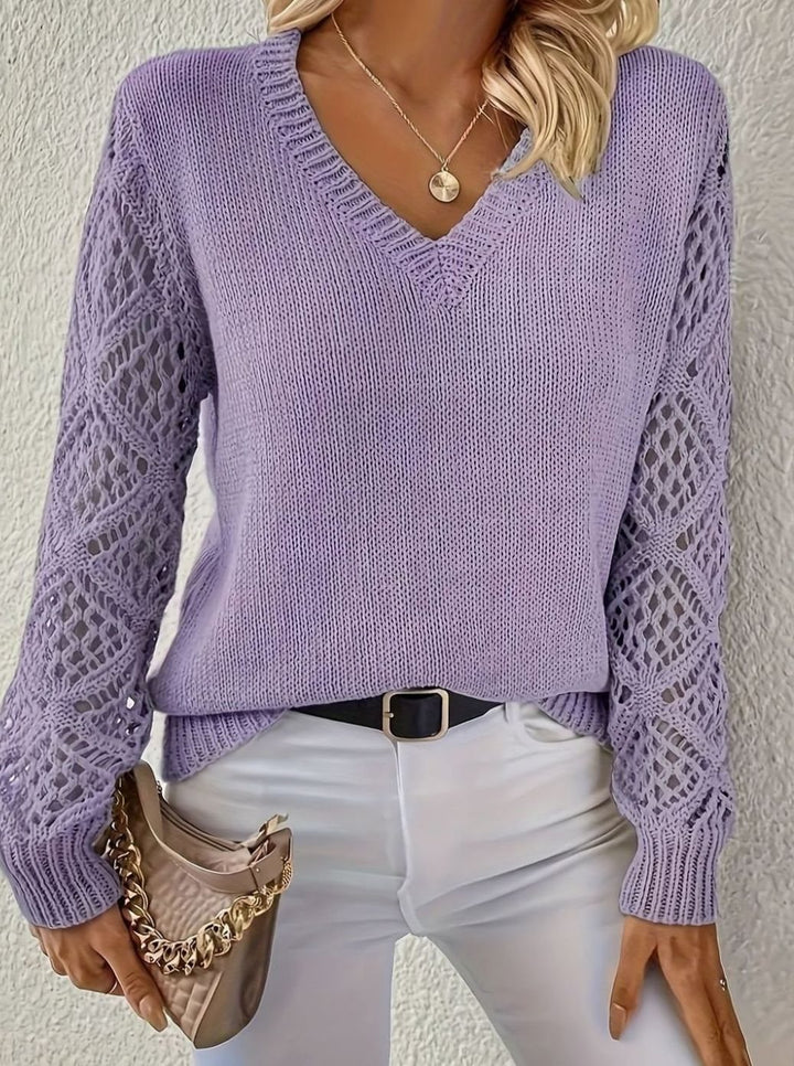 Women's V-Neck Openwork Sleeve Knitted Jumper - Purple
