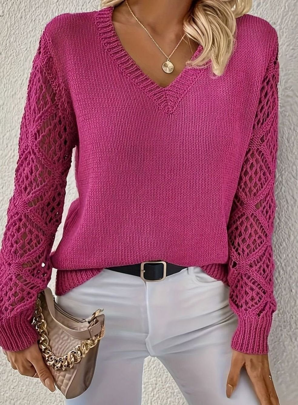 Women's V-Neck Openwork Sleeve Knitted Jumper