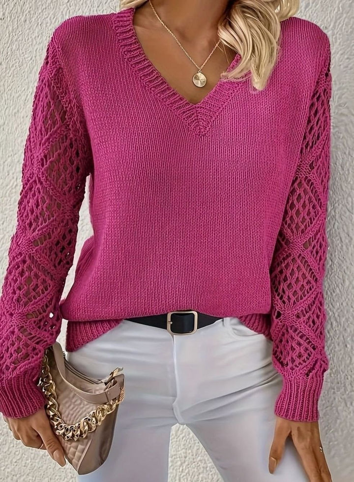 Women's V-Neck Openwork Sleeve Knitted Jumper