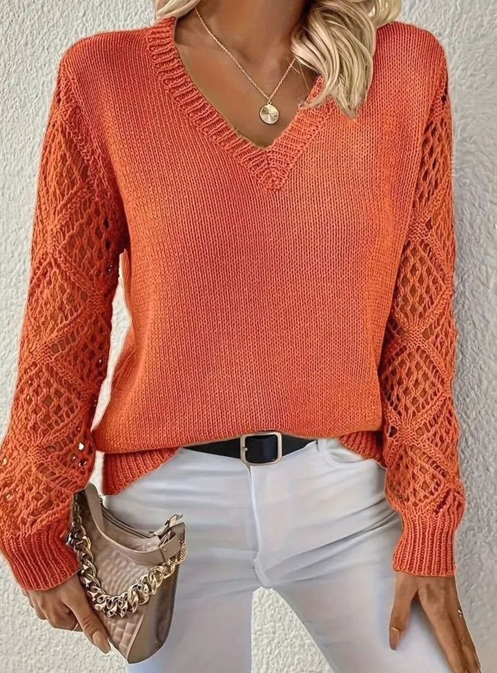 Women's V-Neck Openwork Sleeve Knitted Jumper - Orange