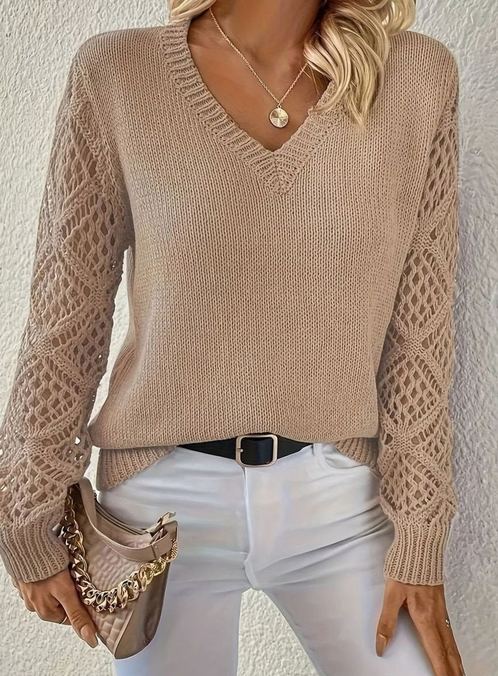 Women's V-Neck Openwork Sleeve Knitted Jumper, Sage Green - Khaki