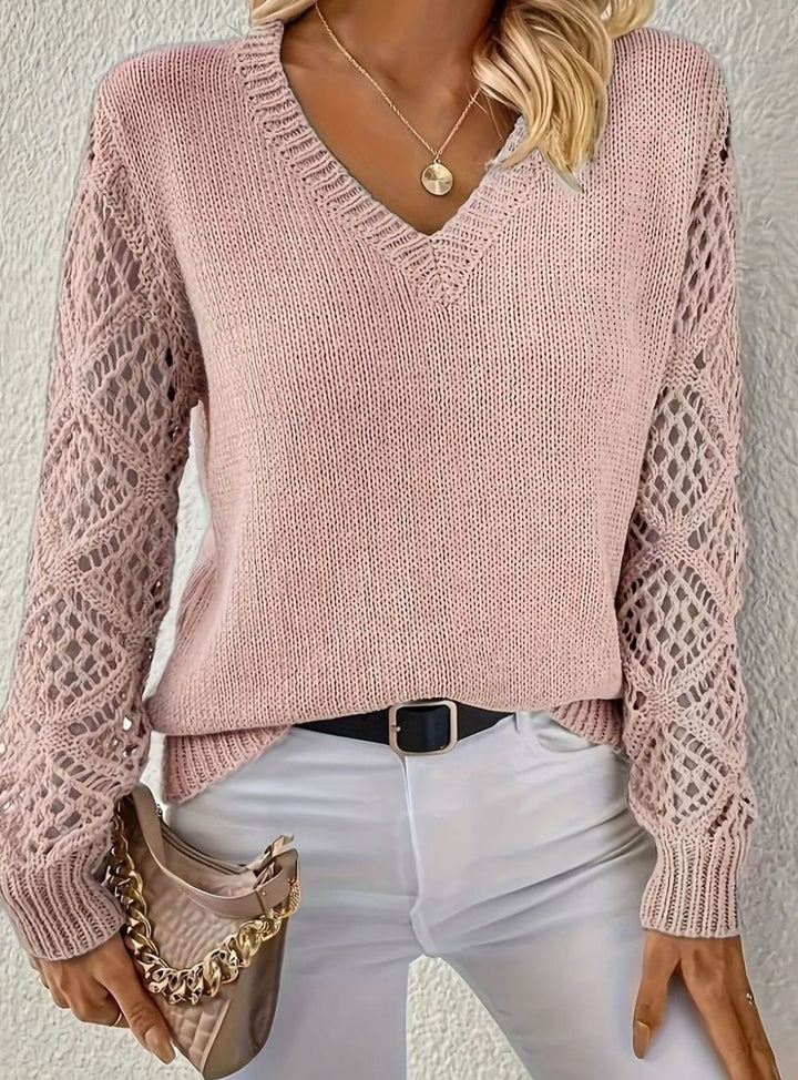 Women's V-Neck Openwork Sleeve Knitted Jumper, Sage Green - Pink