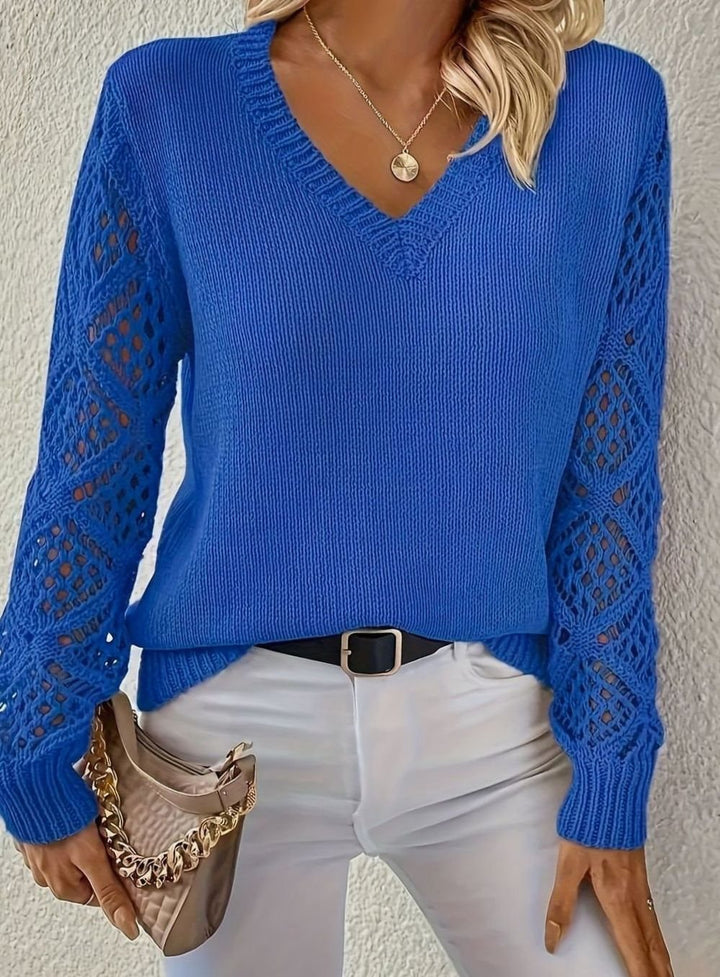 Women's V-Neck Openwork Sleeve Knitted Jumper, Sage Green