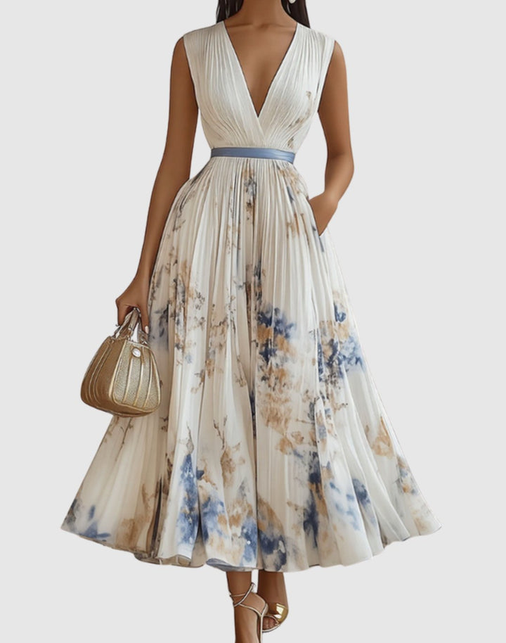 Women's V-Neck Pleated Floral Midi Dress Ribbon Tie Waist - White