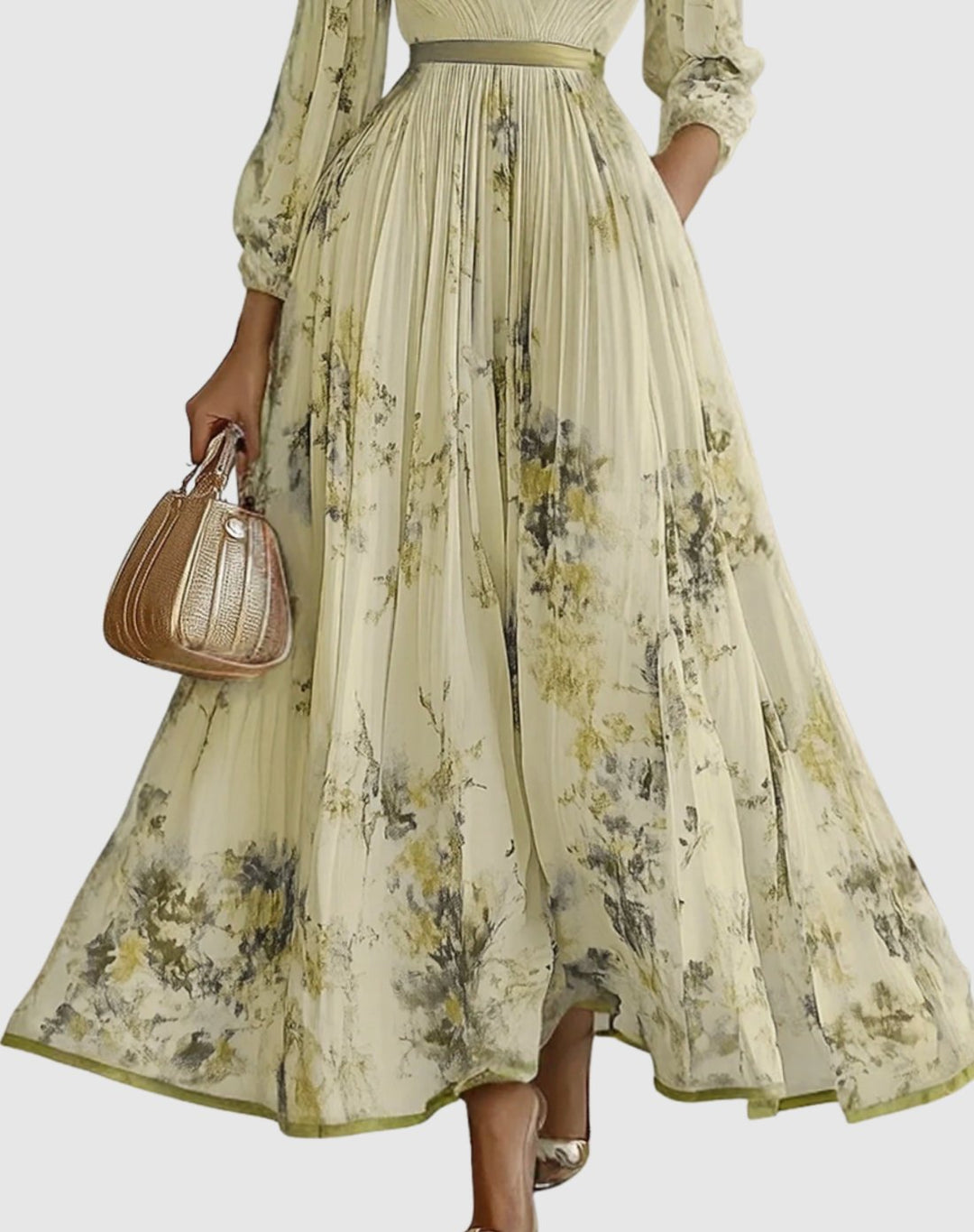 Women's V-Neck Pleated Floral Midi Dress Ribbon Tie Waist