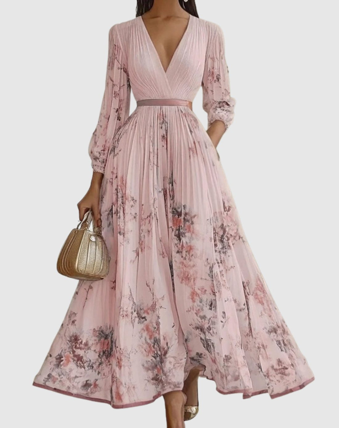 Women's V-Neck Pleated Floral Midi Dress Ribbon Tie Waist - Pink