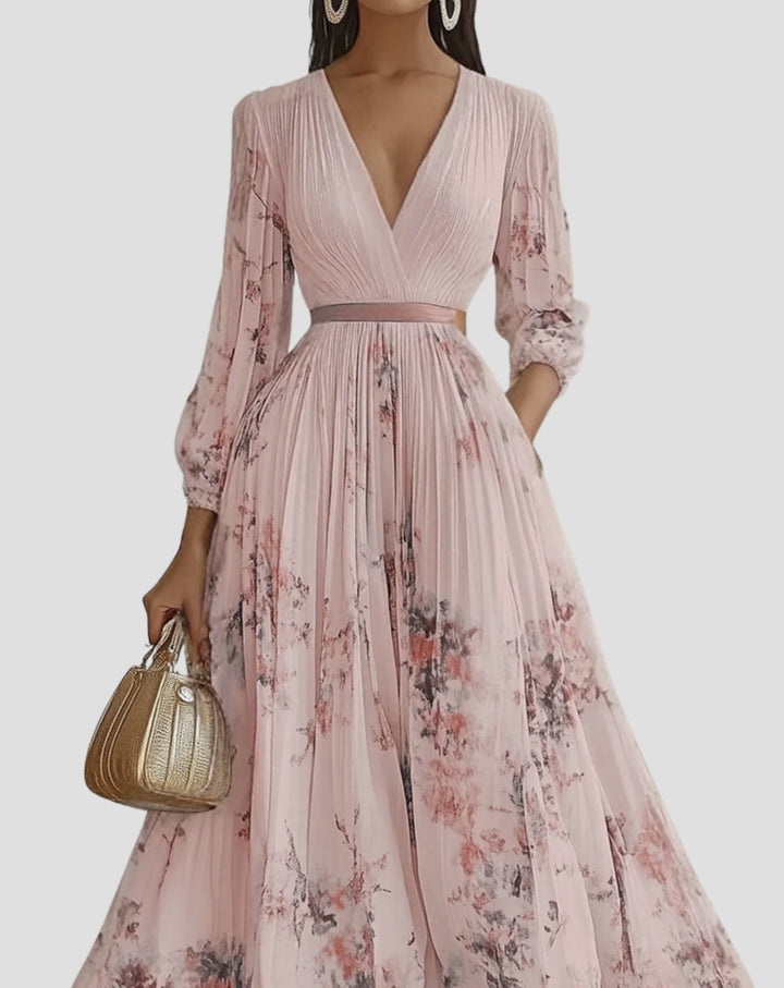 Women's V-Neck Pleated Floral Midi Dress Ribbon Tie Waist