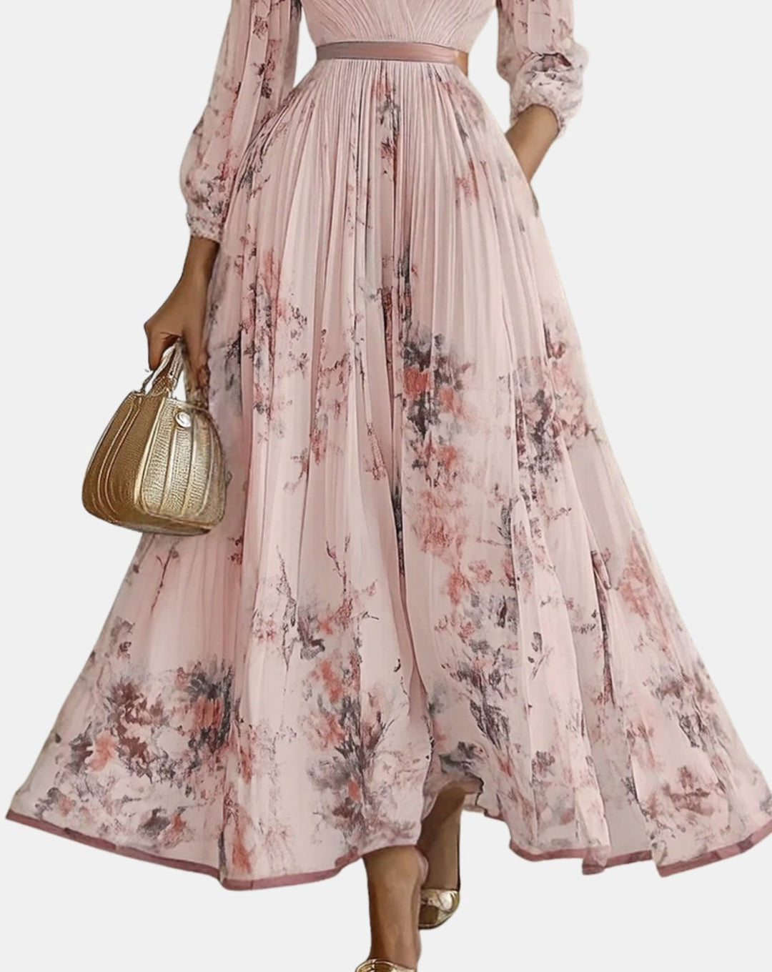 Women's V-Neck Pleated Floral Midi Dress Ribbon Tie Waist