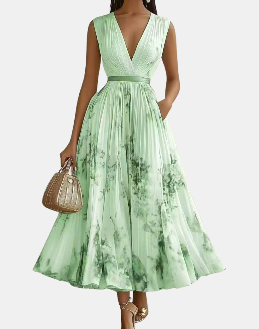 Women's V-Neck Pleated Floral Midi Dress Ribbon Tie Waist - Green