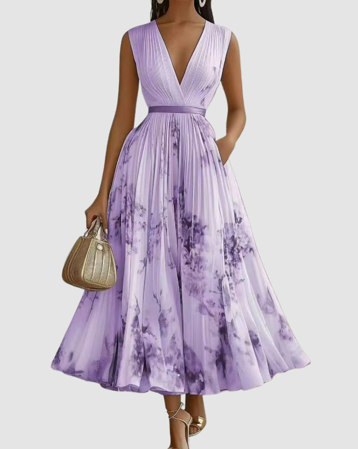 Women's V-Neck Pleated Floral Midi Dress Ribbon Tie Waist - Purple