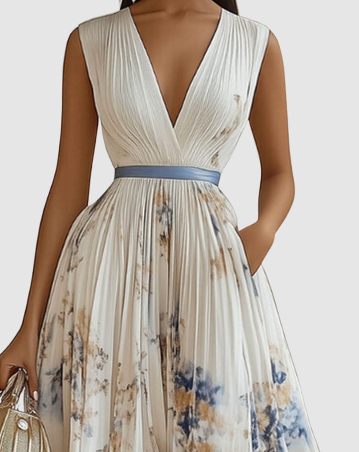 Women's V-Neck Pleated Floral Midi Dress Ribbon Tie Waist