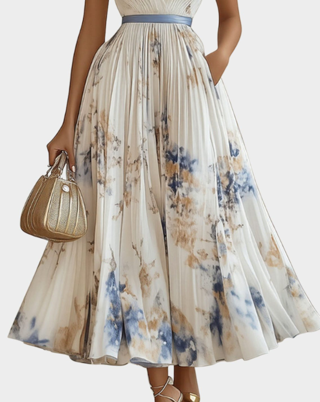 Women's V-Neck Pleated Floral Midi Dress Ribbon Tie Waist