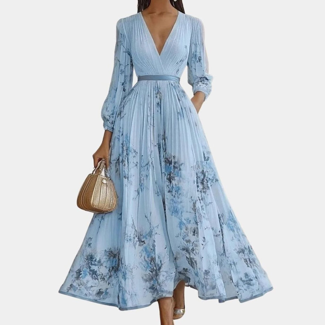 Women's V-Neck Pleated Floral Midi Dress Ribbon Tie Waist