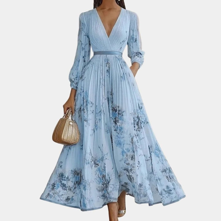 Women's V-Neck Pleated Floral Midi Dress Ribbon Tie Waist